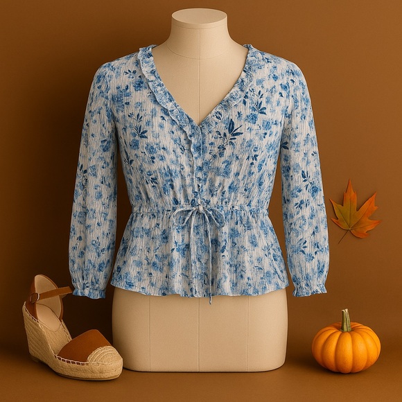 Blue Floral Peplum Blouse — Effortless Late Summer to Fall Style | M - Picture 1 of 10